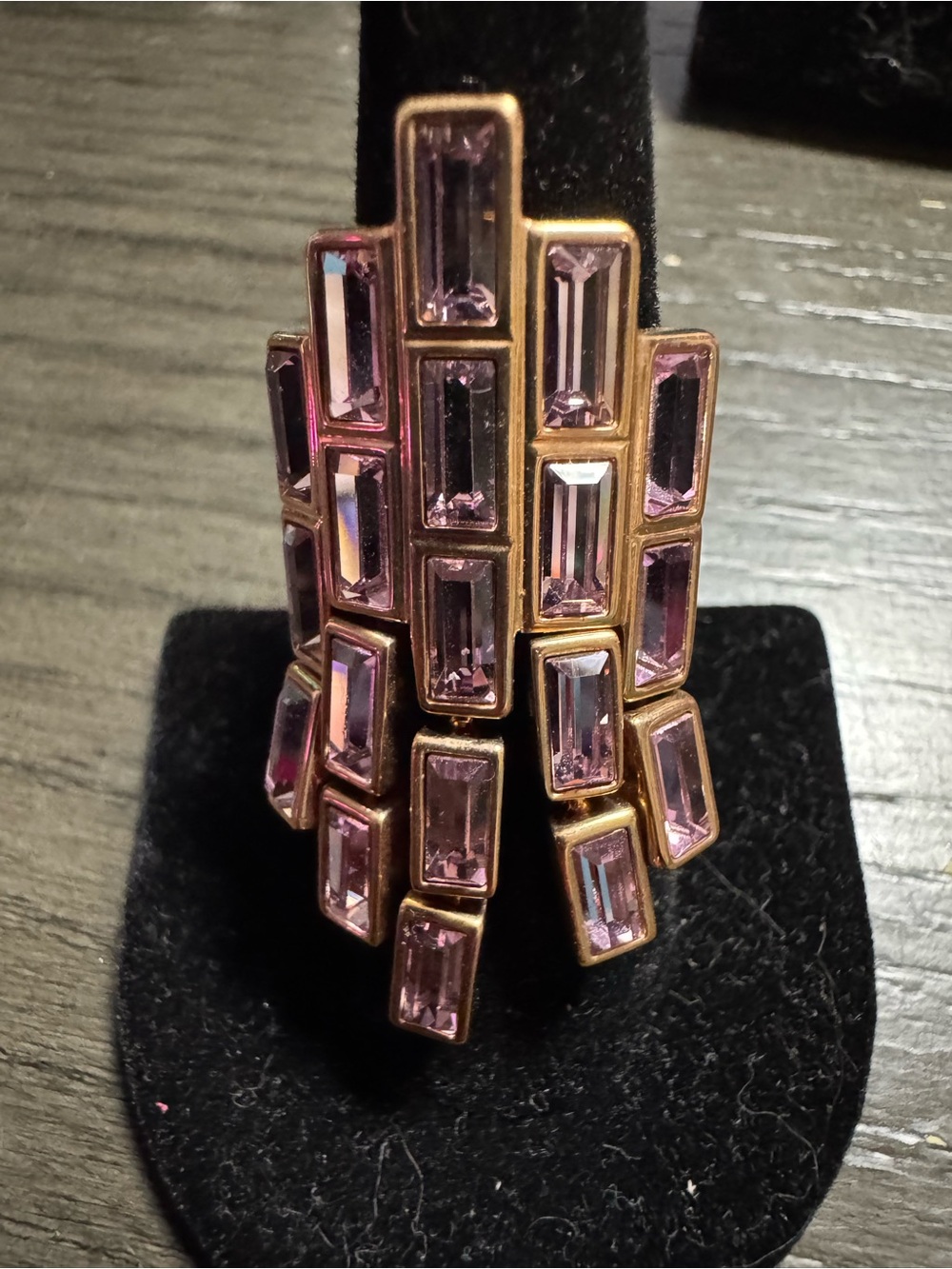 Swarovski retired gold Tone Pink Baguette Crystal Statement ring size 8